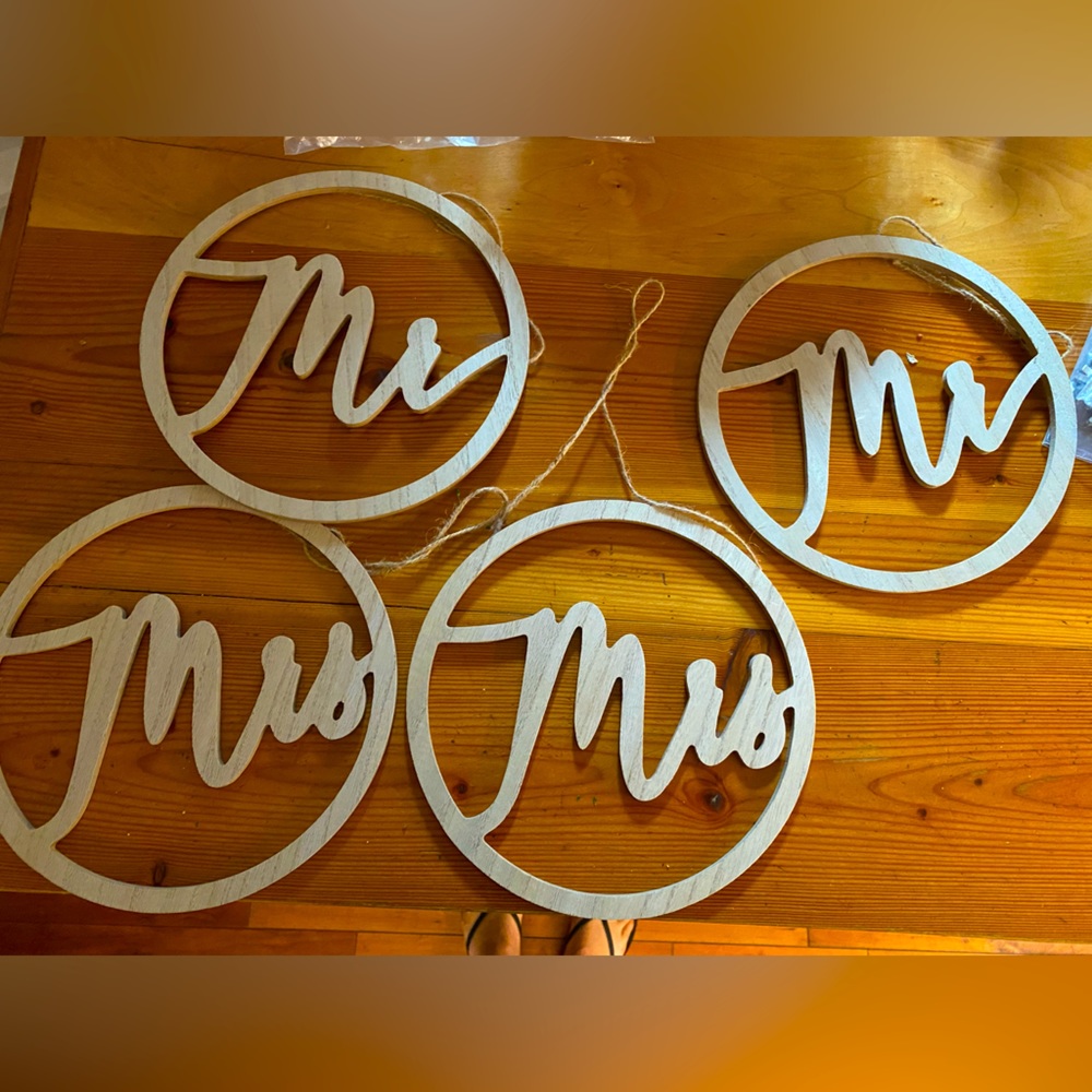 2 sets of Mr and Mrs hanging wedding signs